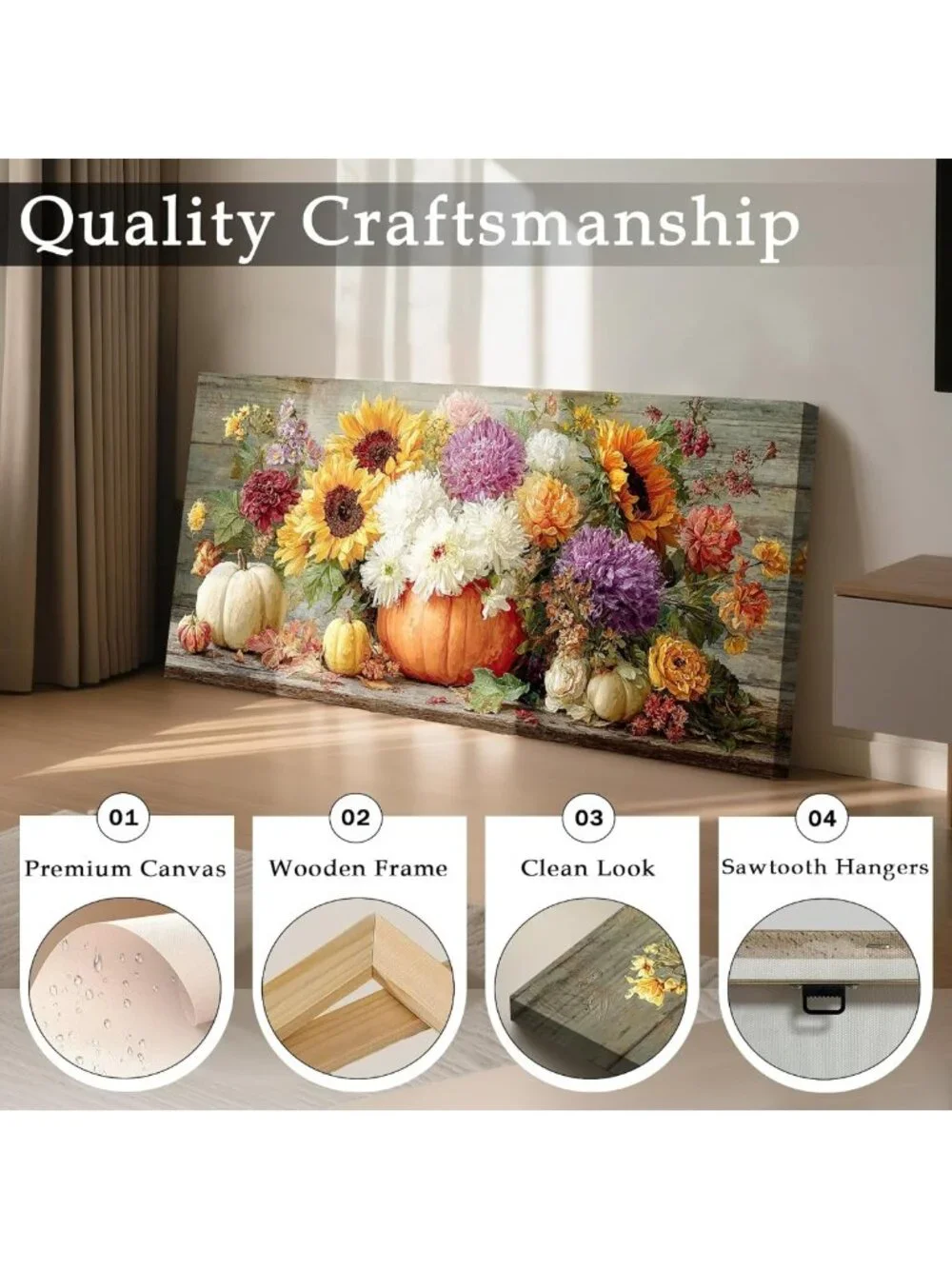 Large Rustic Autumn Wall Art - Fall Pumpkin & Sunflower Home Decor